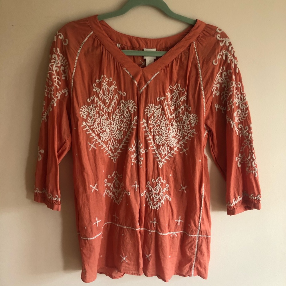 Chico’s Coral 3/4 sleeve boho embroider top Sz 0